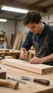 Furniture Maker Carving Wood With Hand In A Woodworking Carpentry Workshop In