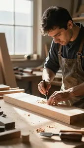 Furniture Maker Carving Wood With Hand In A Shipyard At Workplace