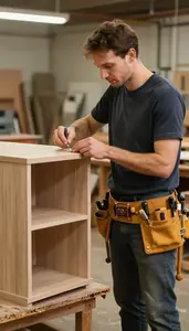 Furniture Maker Crafting A Custom Cabinet In A Shipyard At Work Location