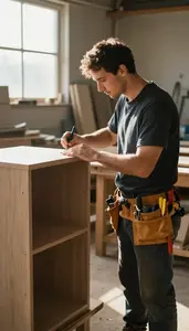 Furniture Maker Crafting A Custom Cabinet In A Shipyard In Professional
