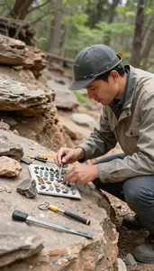 Geologist Examining Rock Formations In In A Geological Field Study Site In Daily