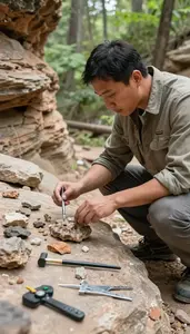 Geologist Examining Rock Formations In In A Geological Field Study Site In