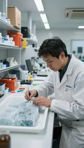 Glaciologist Studying Ice Core Samples In A Glaciology Research Laboratory In