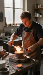 Glass Blower Casting Molten Metal In In A Glass Blowing Foundry At Work Location