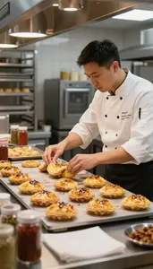 Grill Cook Arranging Pastries On A In A Pastry Kitchen Display Area At