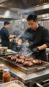 Grill Cook Grilling Meat On A In A Busy Restaurant Kitchen At Professional