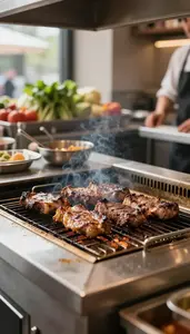 Grill Cook Grilling Meat On A At A Restaurant Grill Station At Professional