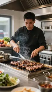 Grill Cook Grilling Meat On A In A Restaurant Kitchen During Service At