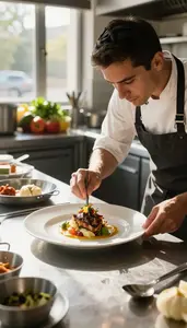 Grill Cook Plating A Gourmet Dish In A Professional Bakery Kitchen At