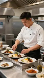 Grill Cook Preparing Dishes In A At A Restaurant Grill Station In Professional