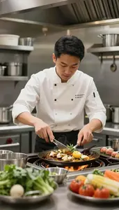 Grill Cook Preparing Dishes In A In A Restaurant Kitchen During Service In
