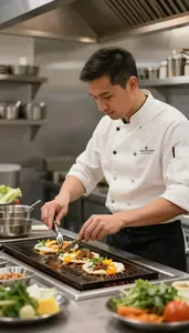 Grill Cook Preparing Dishes In A In A Restaurant Kitchen During Service At