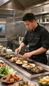 Grill Cook Preparing Dishes In A At A Restaurant Grill Station At Work Location