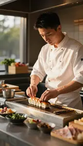Grill Cook Serving Sushi With Precision At A Restaurant Grill Station At Work