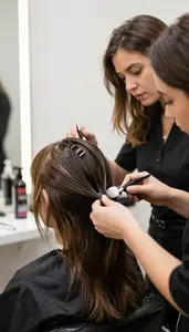 Hair Colorist Coloring Hair With Professional In A Hair Coloring Station At Work