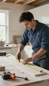 Home Renovator Measuring And Cutting Materials In A Home Kitchen Being Remodeled