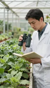Horticulturist Studying Plant Specimens In In A Crop Research Plot At Workplace