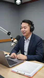 Tv Host Hosting A Radio Show In A Radio Broadcast Booth In Professional