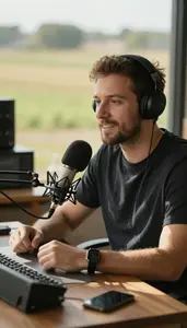Tv Host Recording A Podcast In In A Podcast Recording Studio In Professional