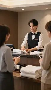 Hotel Manager Greeting Guests At A In A Hotel Guest Room Being Cleaned In