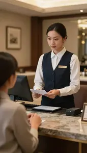 Housekeeper Checking In A Guest At A Luxury Hotel Front Desk At Professional