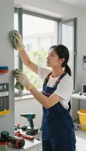 Housekeeper Cleaning And Maintaining A In A Building Mechanical Room In Daily