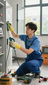 Housekeeper Cleaning And Maintaining A In A Building Mechanical Room At