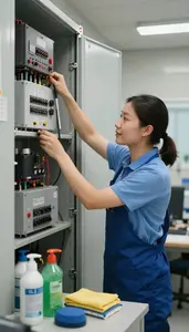Housekeeper Maintaining Building Systems In In A Building Mechanical Room At