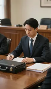 Human Rights Lawyer Conducting A Deposition In In A Courtroom Gallery During A