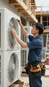 Hvac Technician Installing A New Hvac In A Workshop Garage At Work Today