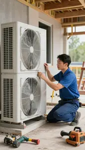 Hvac Technician Installing A New Hvac Inside A Building Mechanical Room At Work