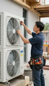 Hvac Technician Installing A New Hvac Inside A Building Mechanical Room In