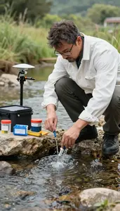 Hydrologist Sampling Water From A At A Hydrological Monitoring Station In