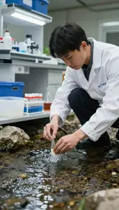 Hydrologist Sampling Water From A In A Field Water Testing Station At Work Today