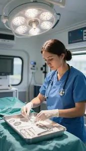 Icu Nurse Preparing Medical Instruments On In A Mobile Health Clinic Van In