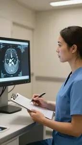 Icu Nurse Reviewing A Ct Scan In A Audiometry Testing Booth At Work Today