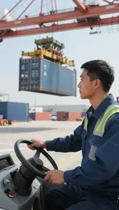 Import Export Specialist Operating A Port Crane At A Shipping Container Loading