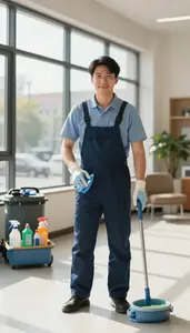 Janitor Cleaning And Maintaining A In A Commercial Building Lobby In