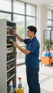 Janitor Maintaining Building Systems In In A Commercial Building Lobby In