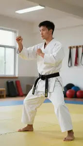 Karate Instructor Teaching Karate Forms In In A Karate Training Dojo At