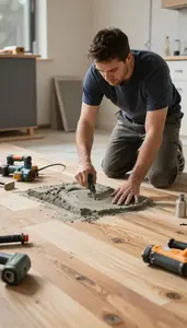 Kitchen Remodeler Mixing Concrete On A In A Room With New Hardwood Flooring