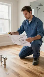 Kitchen Remodeler Renovating A Bathroom With In A Room With New Hardwood