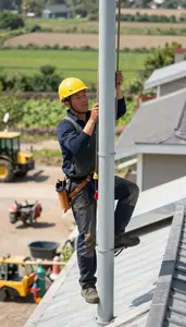 Landscaper Climbing A Wind Turbine On A Residential Rooftop In Professional