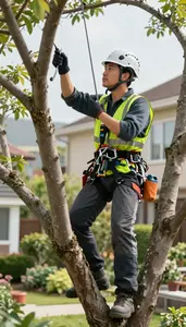 Landscaper Pruning Trees With Professional In A Residential Garden At