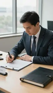 Legal Counsel Writing A Business Proposal In An Audit Examination Room At