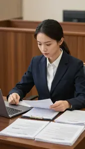 Legal Secretary Reviewing Legal Documents At In A Criminal Courtroom Defense