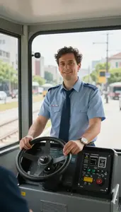 Light Rail Operator Operating A Light Rail Inside A Tram Cab In A City At Work