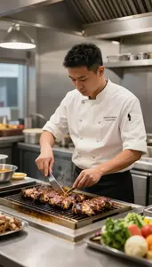 Line Cook Grilling Meat On A In A Restaurant Kitchen During Service At Work