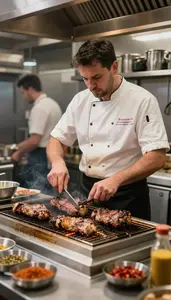 Line Cook Grilling Meat On A In A Busy Restaurant Kitchen At Workplace