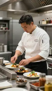Line Cook Preparing Dishes In A At A Restaurant Grill Station In Professional